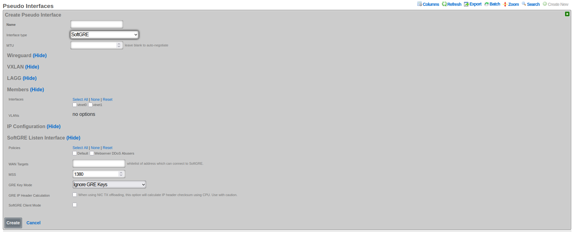 SoftGRE configuration options
