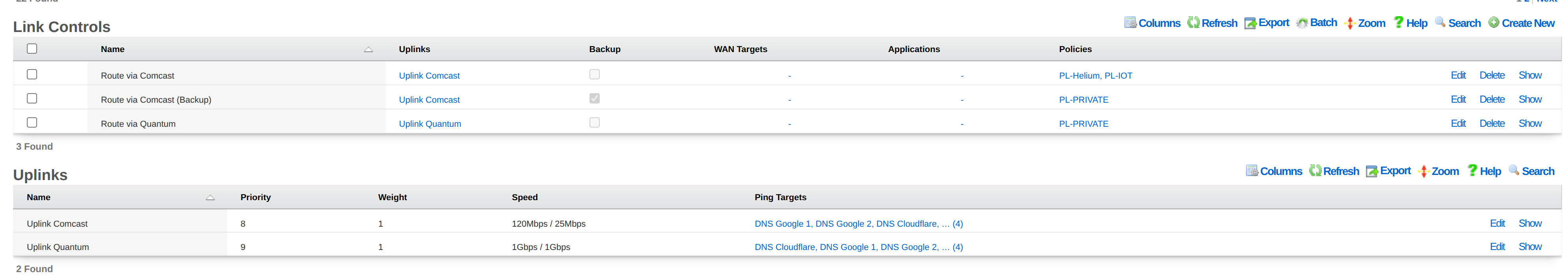 Policy-based uplink routing on the Policies :: Uplink Control page showing different Uplink Control records for Comcast and Quantum uplinks with backup configuration