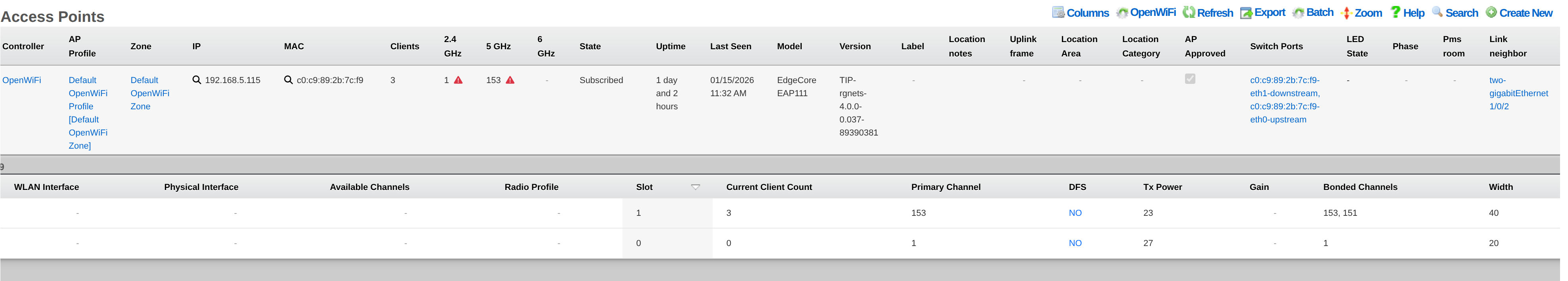 Access Points scaffold showing WAP Radios with TX Power and Gain columns