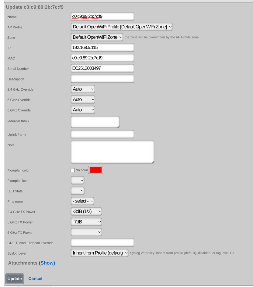 Individual WAP edit form showing per-WAP TX Power override settings