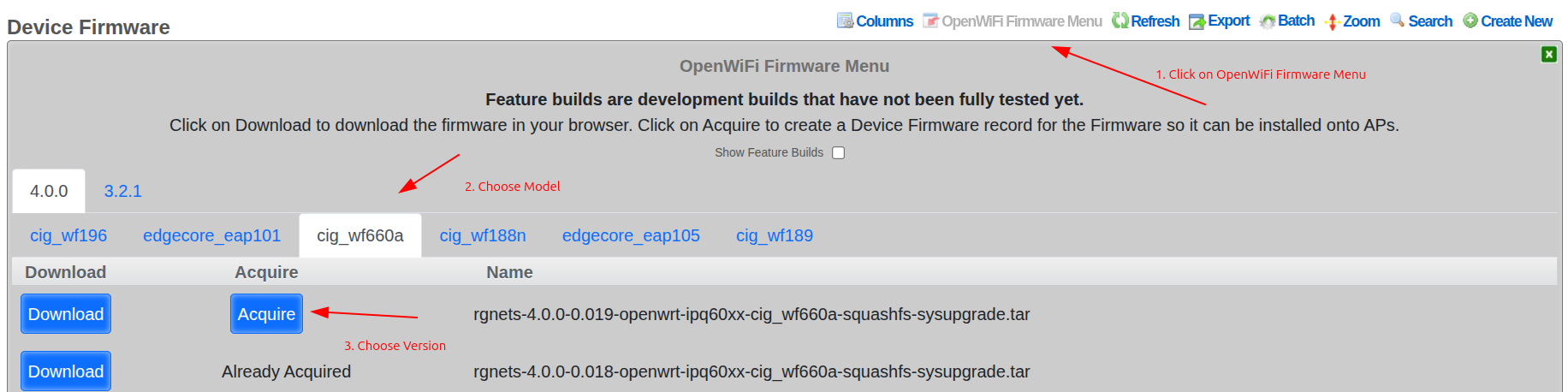 Acquiring New Firmware Example of cig_wf660a