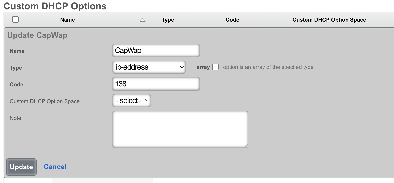 DHCP Option 138 structure